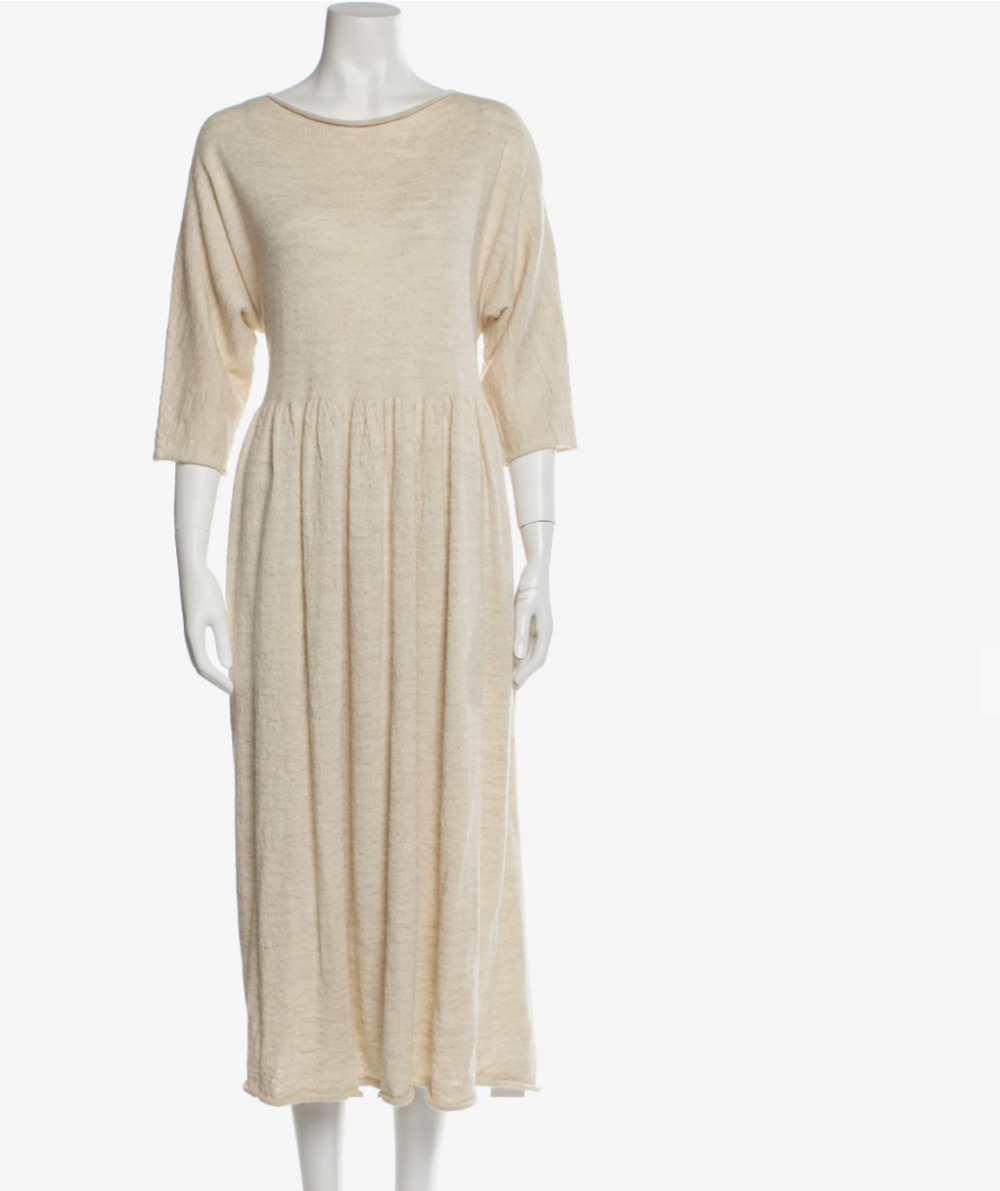 Lauren Manoogian Baby Alpaca A-Line Dress Neutral Pleated Bateau Neck 3/4 sleeve